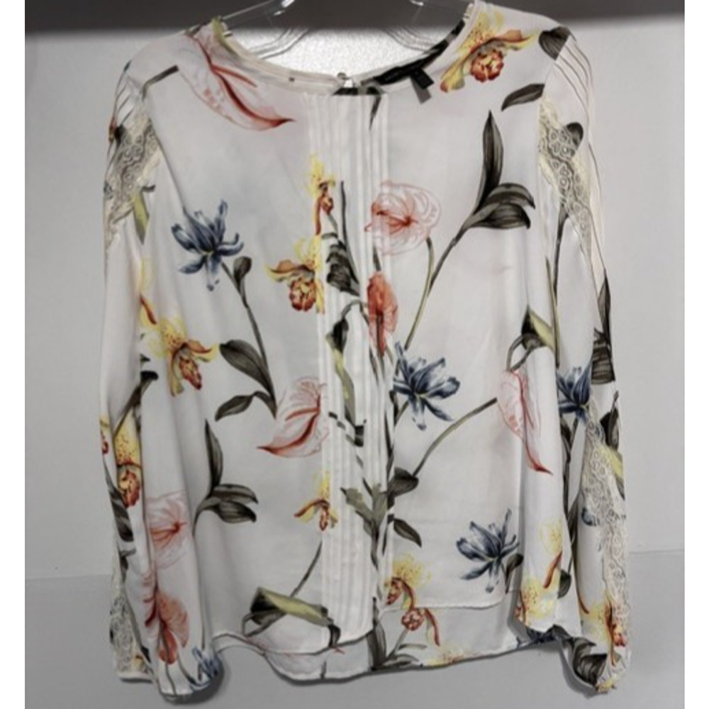 White House Black Market Women’s L Floral Blouse Lace Sleeve Pleated Chiffon Top - Picture 3 of 7